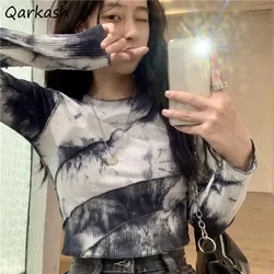 Long Sleeve T-shirts Women Asymmetrical Patchwork Tie Dye Korean Fashion Ins Crop Tops Slim Chic All-match Hot Girls Vintage