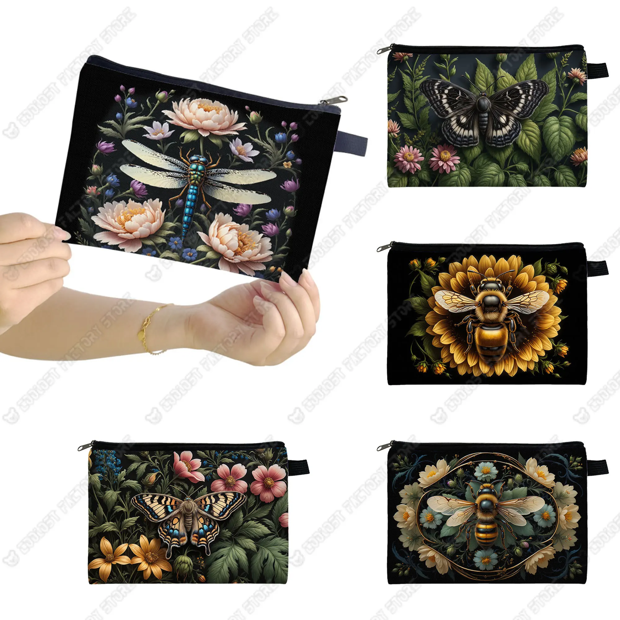 

Cute Bee Dragonfly Pattern Cosmetic Bag Moth and Flower Lipstick Holder Butterfly Storage Pouch Travel Makeup Organizer