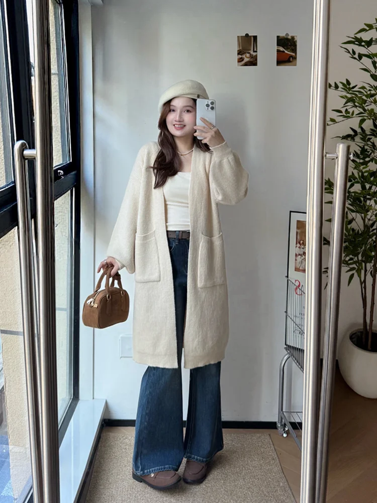 

Мягкий уютный вязаный кардиган, женский модный корейский кардиган, осень 2021, длинный свек, круглый, цельный цвет средней длины