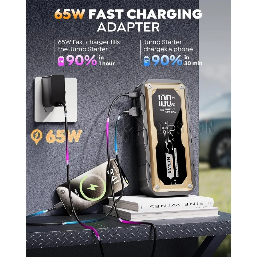 Arranque de carro portátil 24000mAh com carregador rápido de 65W e display LED para carros de 12V Todos os motores a gás 12L Diesel Bat de emergência