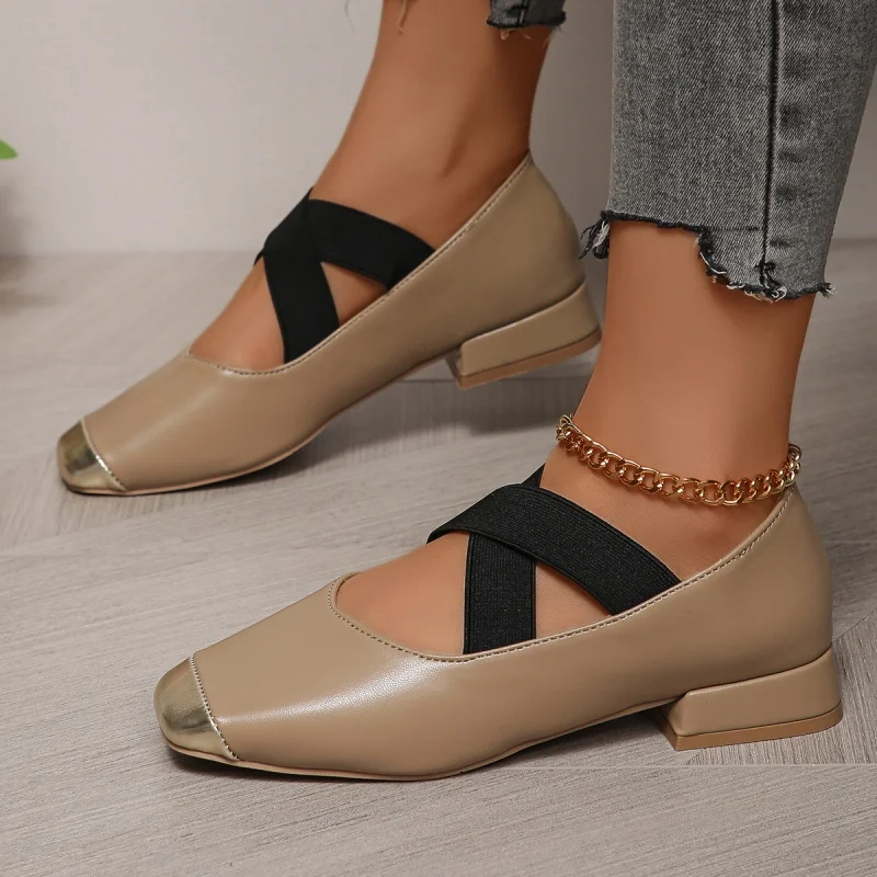 Sapatos femininos de salto baixo monocromático, sandálias simples e elegantes, boca rasa, casual e respirável, nova moda, verão