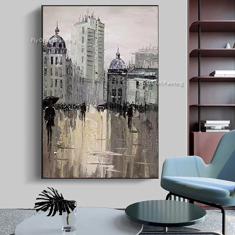 Handmade Original City Rainy View Oil Painting Canvas Large Wall Art Abstract Lonely Cityscape Art Modern Pictures Living Room