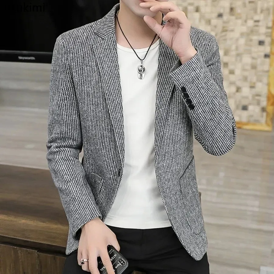 2026 High Quality New Korean Style Blazer Jacket Men's Fashion Handsome Slim Striped Suit Coat Men Business Casual Dress Blazers