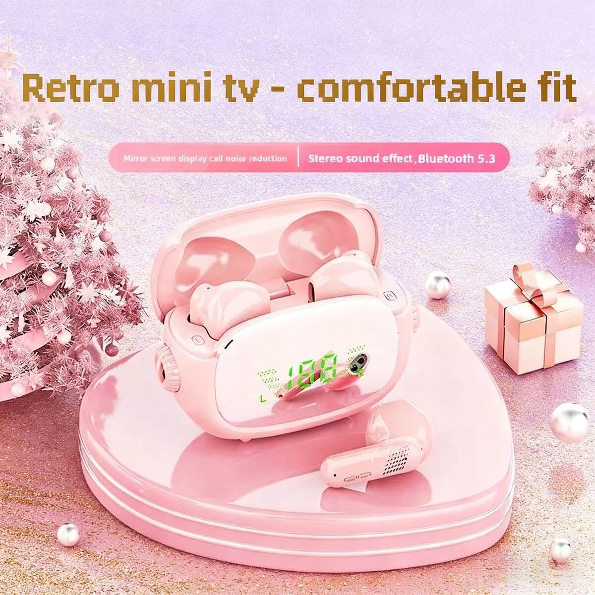 

Retro TV Shape Bluetooth Wireless Half-in-ear Headphones Stereo Mirror Display Screen Noise Cancelling Music Headsets For Gifts