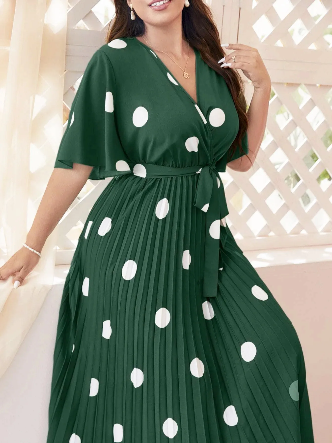 

2024 Summer Women Polak Dot Short Sleeve Pleated Belted Maxi Dress Kaftan Muslim Abaya Dubai Turkey Robe Caftan Marocain Femme