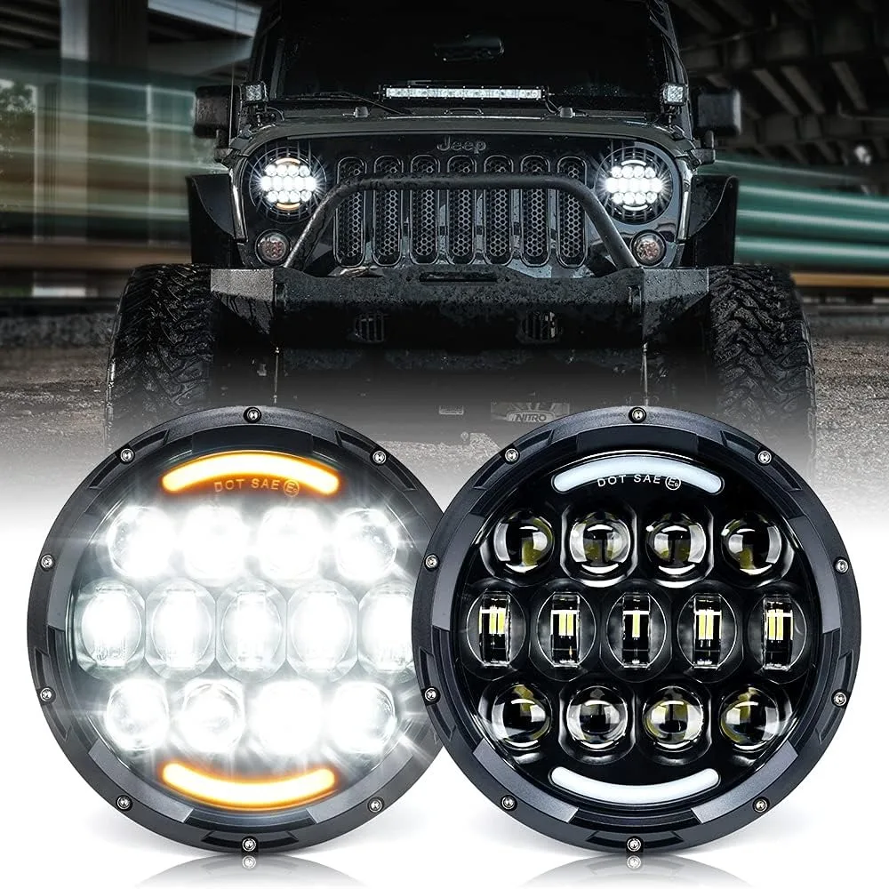 

105W LED Wrangler Headlights - 7-inch Round Headlamp Replacement with Hi/Lo Beam, DRL, Turn Signal Lights, DOT Approved - Fits