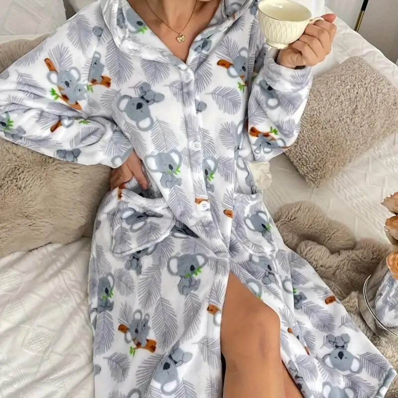 

Пижама с капюшоном и мультяшным принтом, милая ленивая ночная рубашка, женское фланелевое кимоно, халат, однобортная ночная рубашка, теплые пижамные халаты