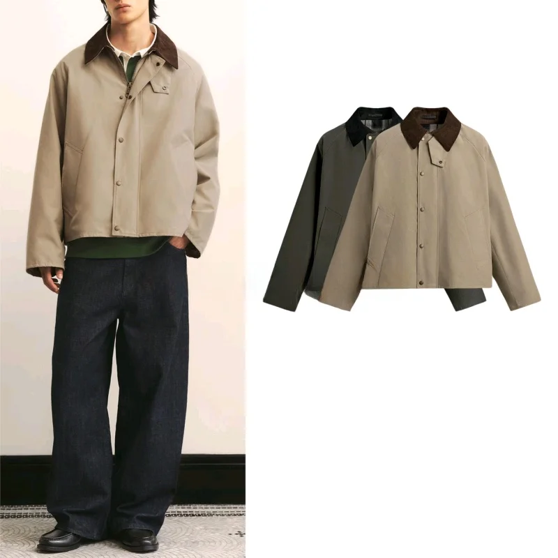 

Мужская повседневная куртка из технологичной ткани с цветными вставками на воротнике, приталенный крой, глянцевая замша, для ежедневной носки, длинный рукав...