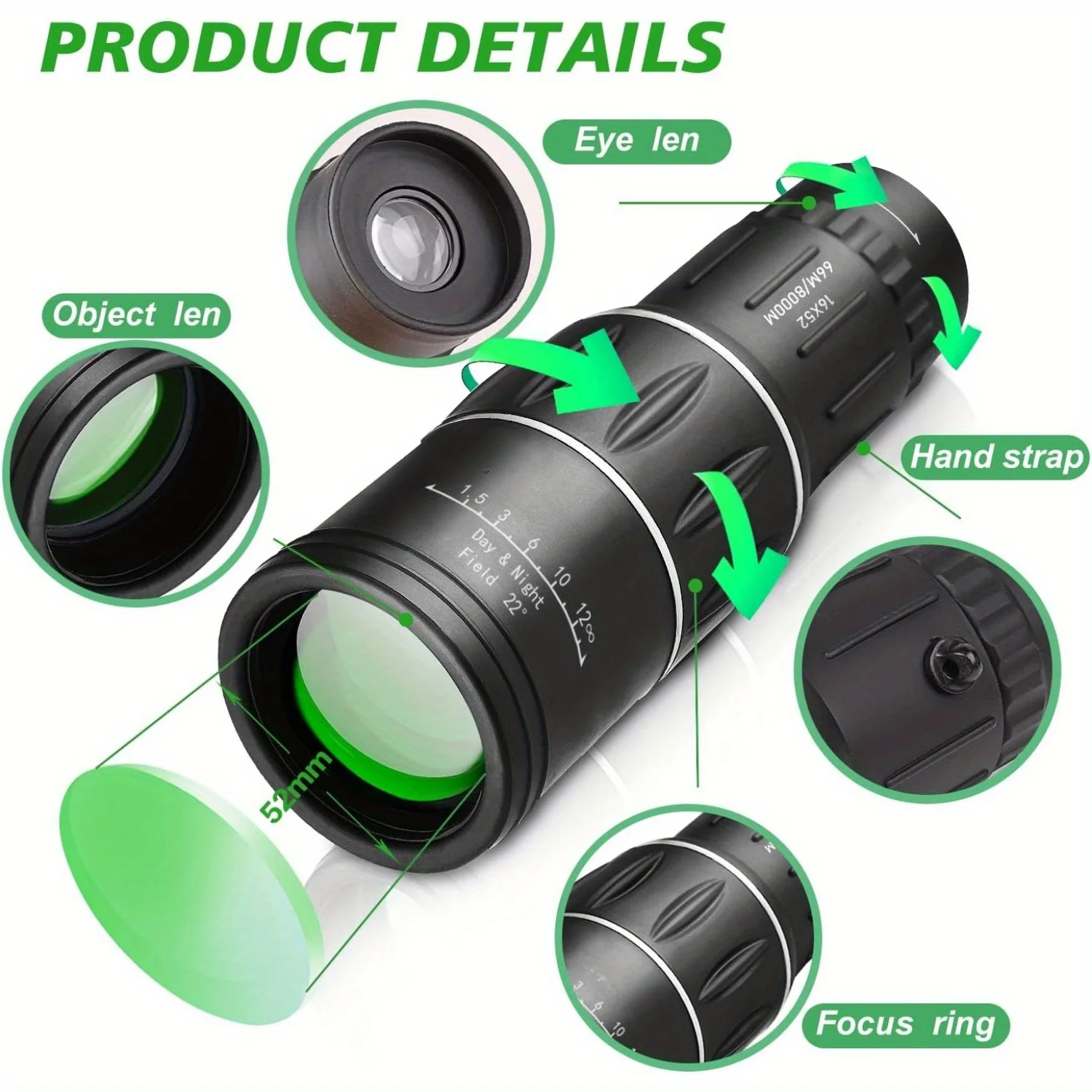 16x52 Monocular Telescope Perfect For Birdwatching Hunting Concerts Sports Theatre Opera Travel Sightseeing No Battery Required