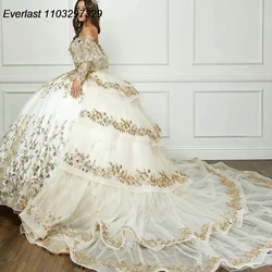 EVLAST Ivory Quinceanera Dress Ball Gown Gold Lace Applique Beading Tiered Puffly Sleeve Sweet 16 Vestidos De XV 15 Anos TQD644