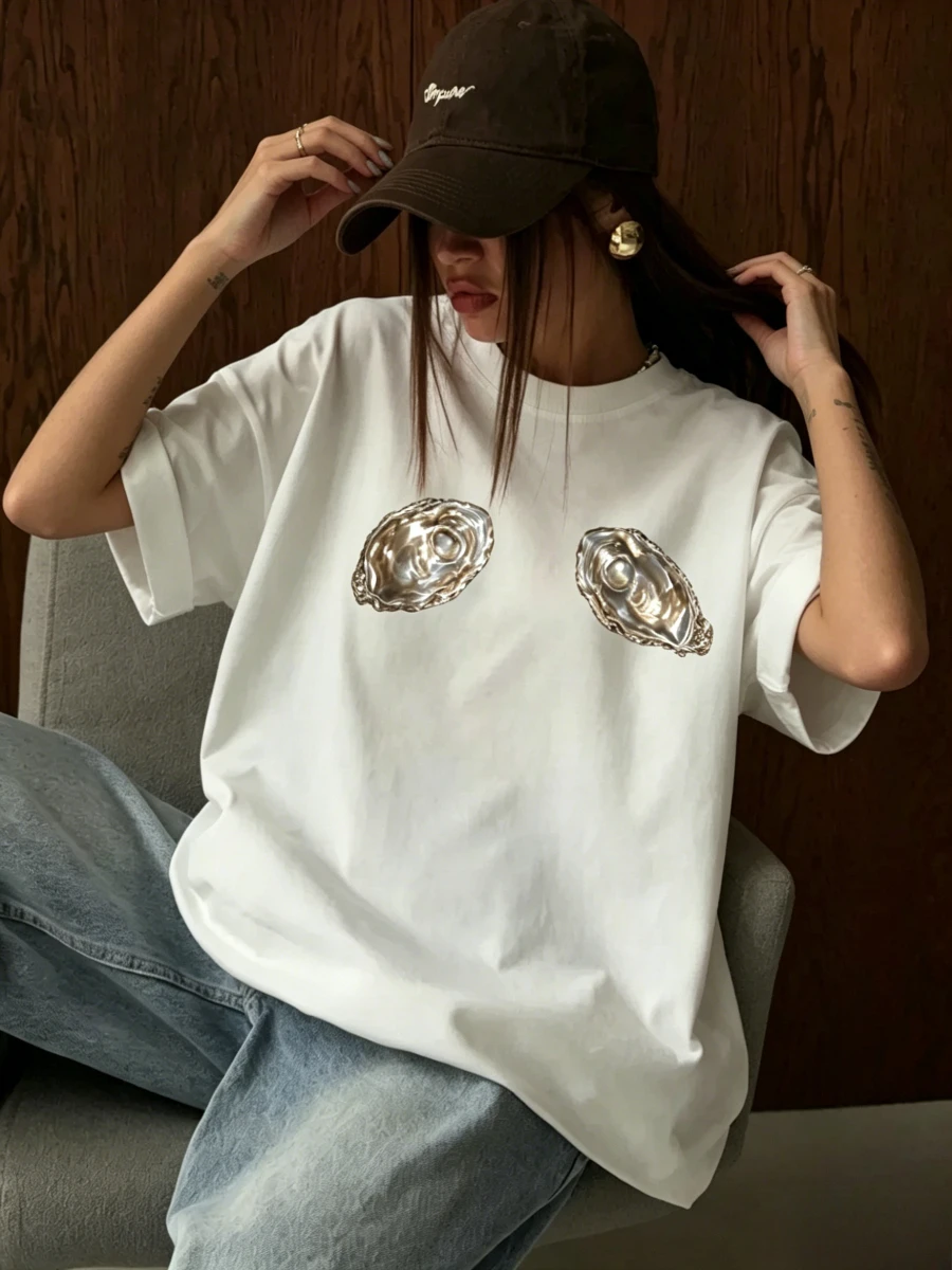 2026 Summer New  Women's 100% Cotton Short Sleeve T-Shirt Oyster Shell Graphic Print Fashion Versatile Daily Casual Basic Top