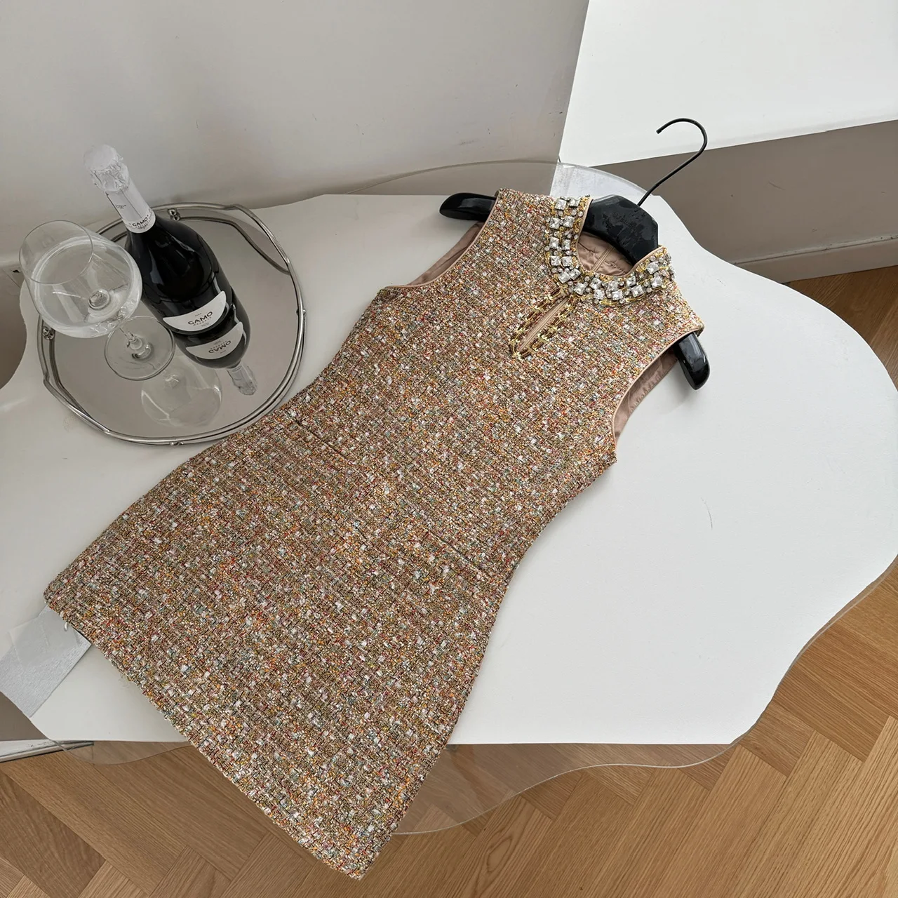 

Luxury Autumn Winter Young Girls Colour Tweed Mini Dress Vintage Sweet Women Diamonds Sleeveless Tank Weave Woolen Party Clothes