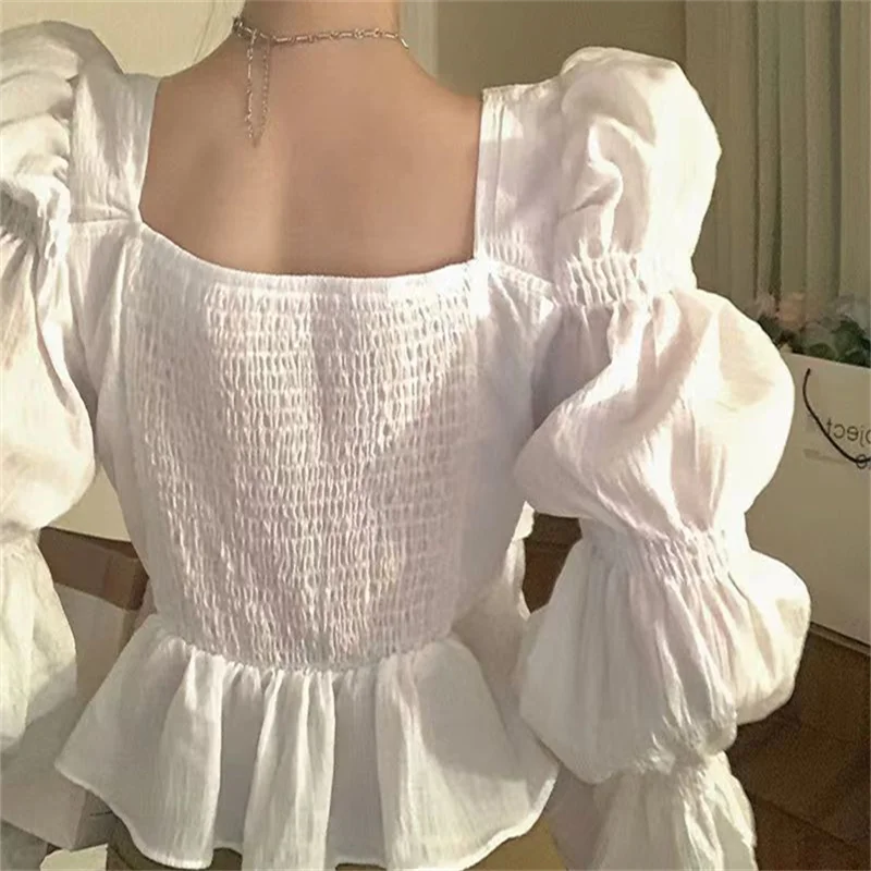 Long Flare Sleeve Blouses Women Elegant Ruffles Crop Top Sweet Korean Casual Purple Solid Fashion Ladies Fairycore All-match