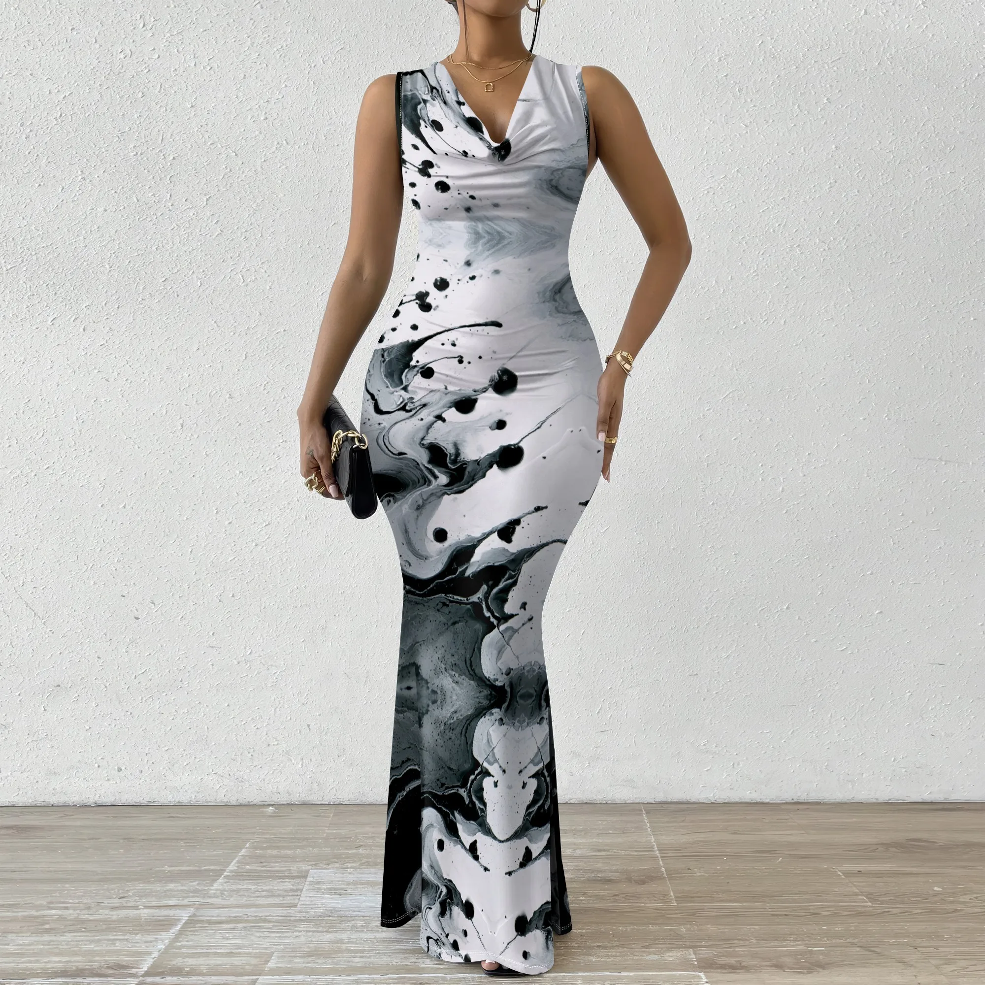 

Women's Black White Ink Print Bodycon Maxi Dress Sleeveless Cowl Neck Mermaid Party XS-2XL