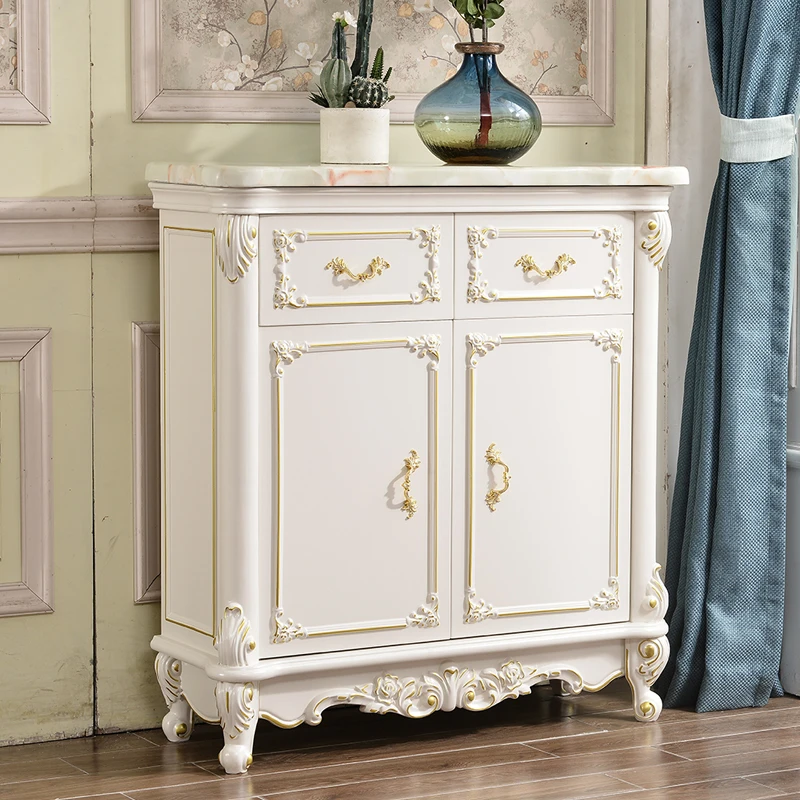 European marble shoe cabinet, solid wood carving ivory white gold painted shoe cabinet, locker storage cabinet, high cabinet