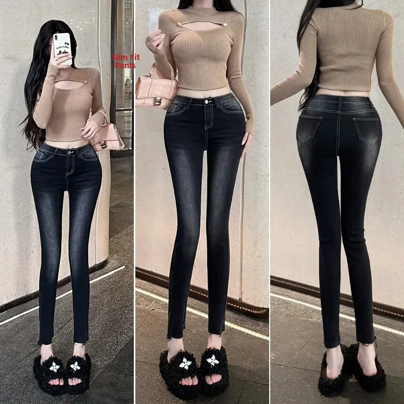Retro Washed Nine-Tenths Slim Fit Denim Pants High Waist Cotton Blend Comfortable Breathable High Elasticity Straight Leg Jeans