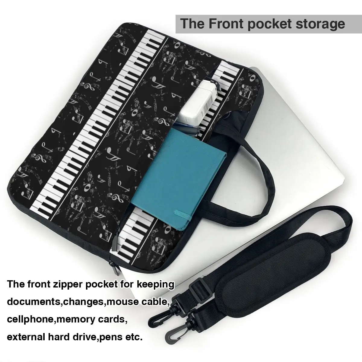 Black And White Piano Music Pattern Laptop Bag Case Protective Vintage Computer Bag Bicycle Crossbody Laptop Pouch