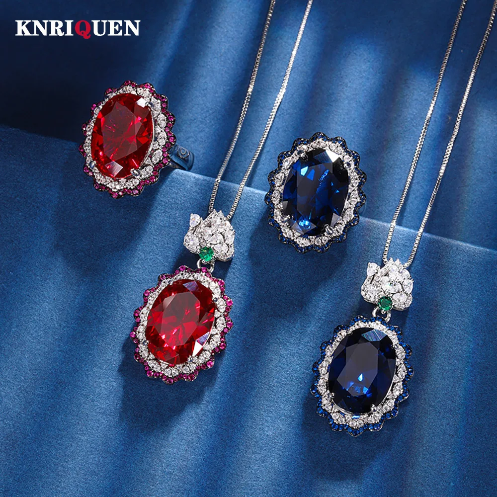 

Retro 13*18mm Sapphire Ruby Gemstone Jewelry Sets for Women Lab Diamond Pendant Necklace Ring Set Accessories Gifts Statement