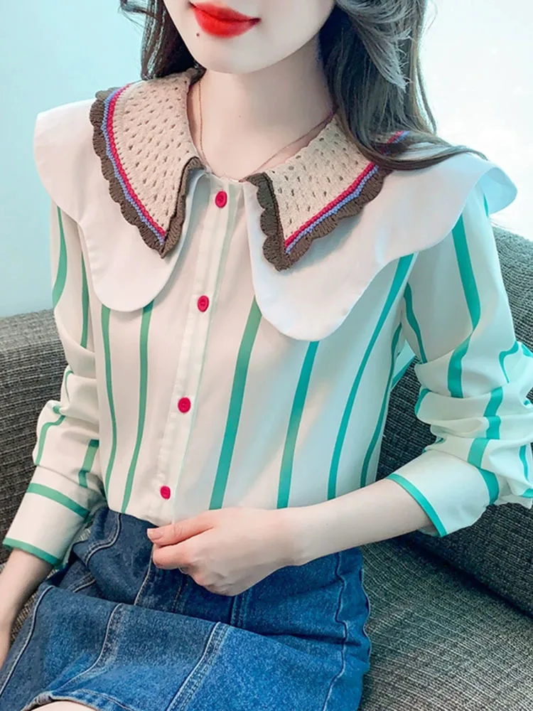 2024 Early Spring New College Style Lace Lapel Striped Long-sleeved Women Shirt