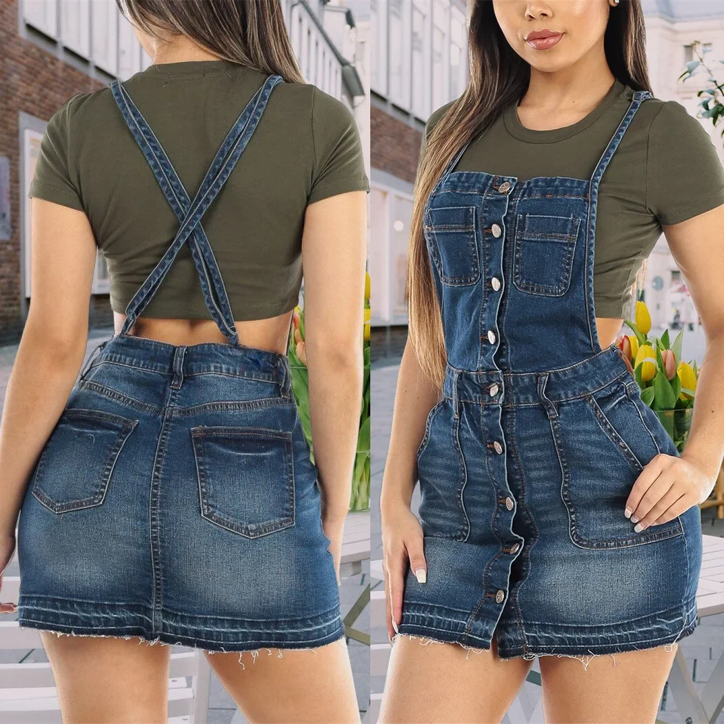 

Denim Suspender Dress Women Summer Overalls Streetwear Mini Dresses High Waist A Line Pockets Single Breasted Vestidos
