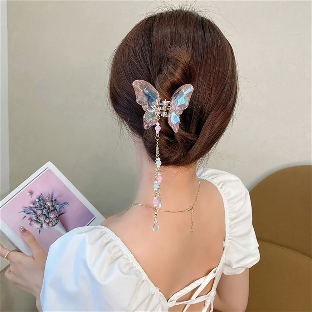 Clear Crystal Butterfly Hair Claw Arylic Tassel Pendant Hair Crab Clips Fashion Hairpin Women Ponytail Hair Accessories