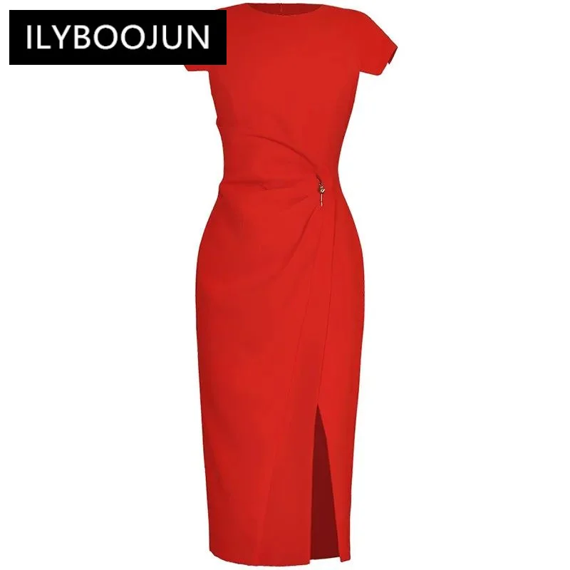 

ILYBOOJUN Fashion Women's New Elegant Flying Sleeved Pleated Summer Office Lady Hip Wrap Split Slim-Fit Pencil MIDI Dresses