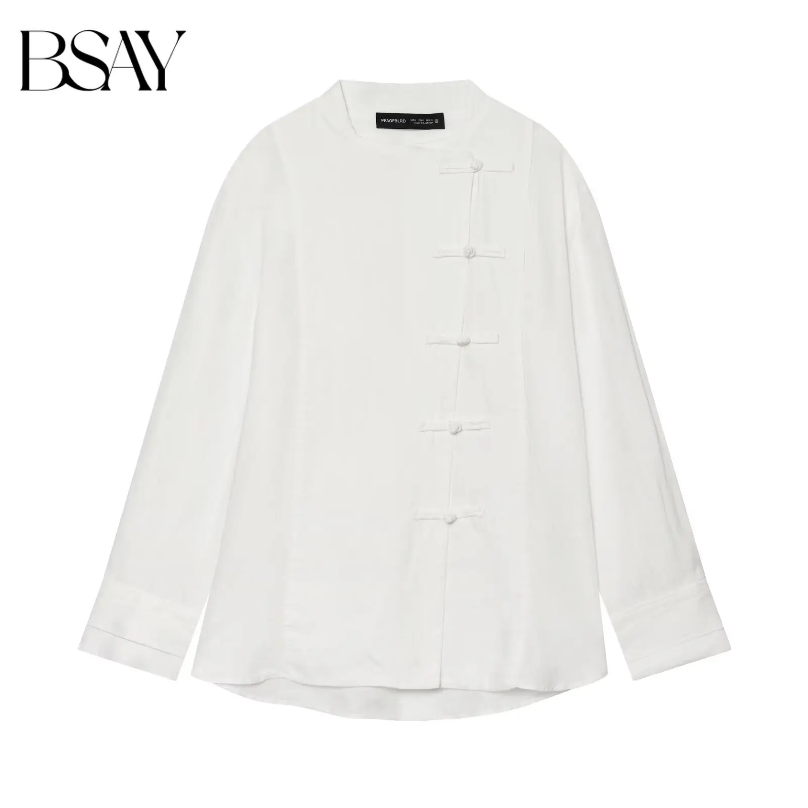 BSAY 2026 Neue Damen Minimalistische Bluse im Chinesischen Stil mit Stehkragen und Knopfleiste, Lose Langarm-Streetwear-Bluse