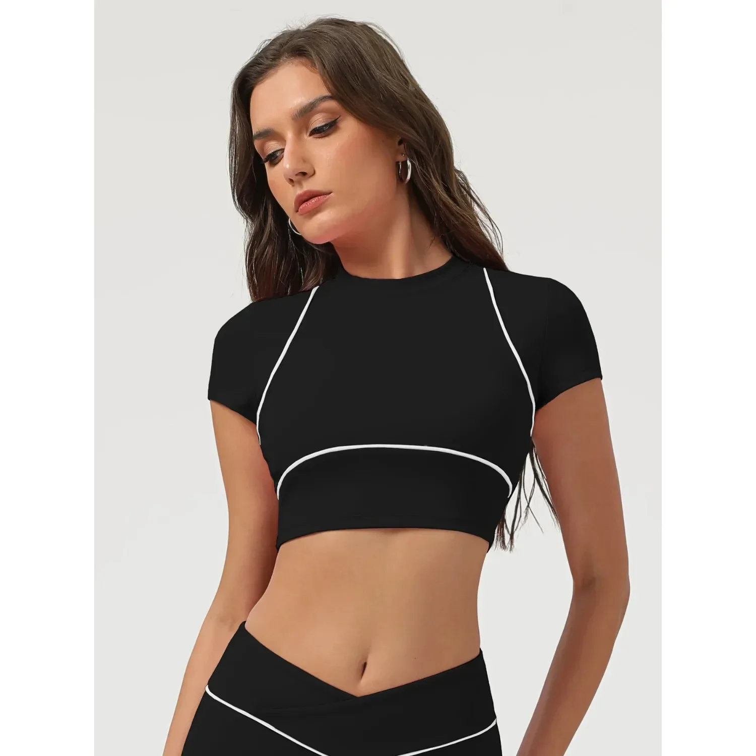 

Women Contrast Color Short Sleeve Yoga Training Crop Top Outdoor Fitness Casual Sport T-Shirt Women Sporty Short Sleeve T-Shirt
