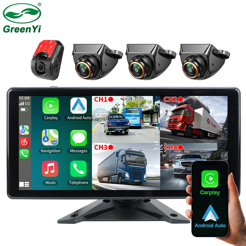 GreenYi sans fil Carplay Android Auto 10.36 ''4 écran divisé Dash Cam moniteur 1080 Mini caméra de recul pour camion remorque Bus RVs