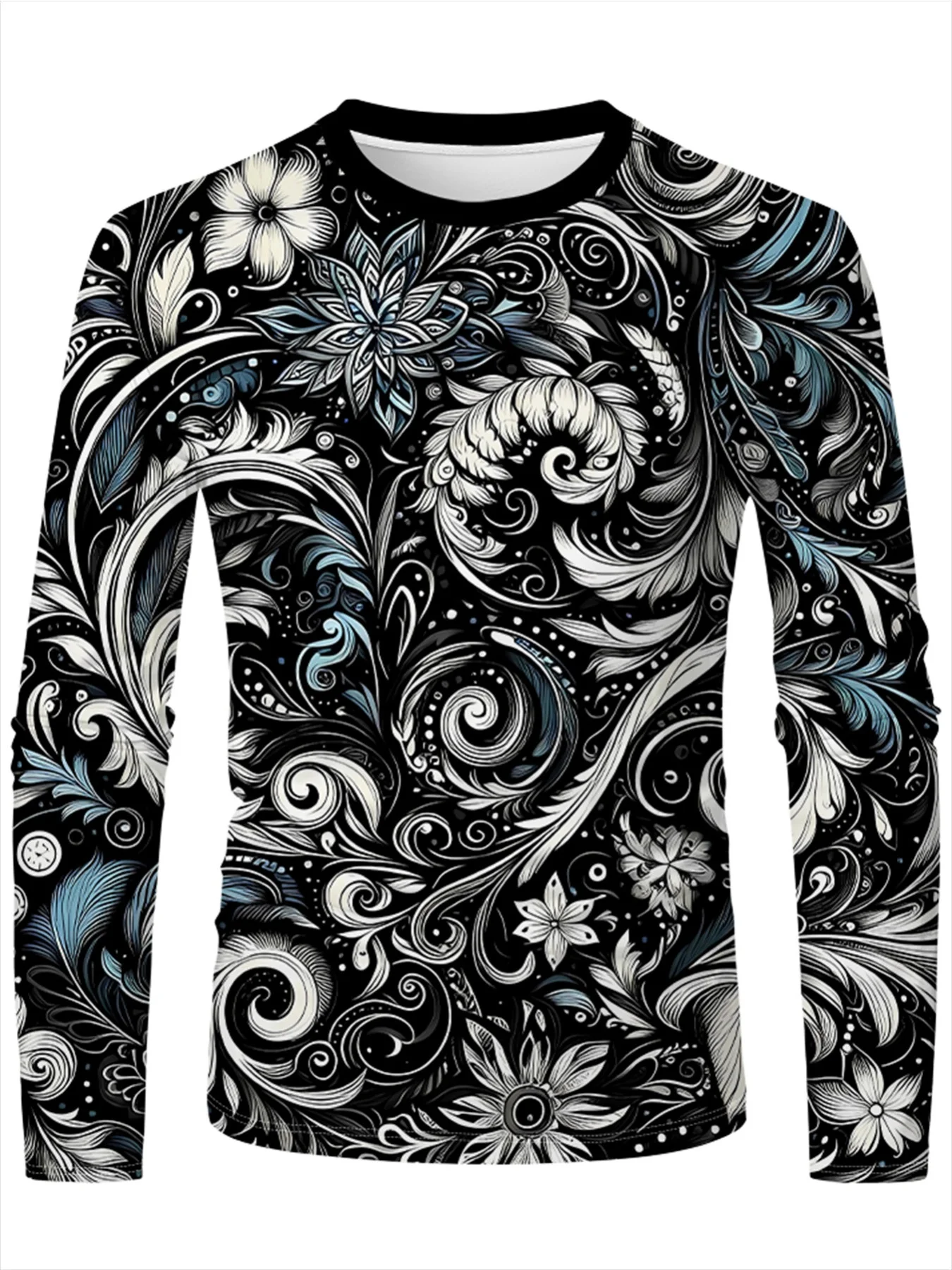 Men's Black White Blue Swirl Floral All Over Print Long Sleeve Shirt Vintage Paisley Flower Graphic Casual Top