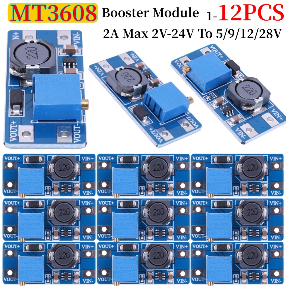 1-12PC MT3608 DC-DC modulo convertitore Step-UP modulo di alimentazione Booster regolabile regolatore di tensione 2A Max 2-24V a 5/9/12/28V