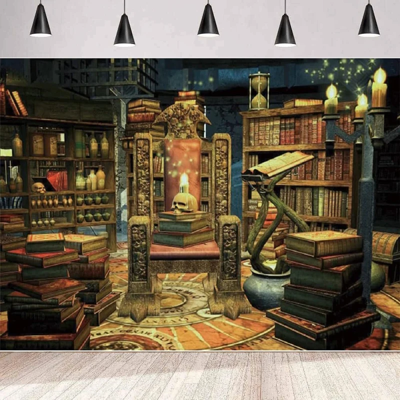 Medieval Magic Room Photography Backdrop Bookshelf Magical Potion Wizard Library Skull Halloween Background Wall Poster