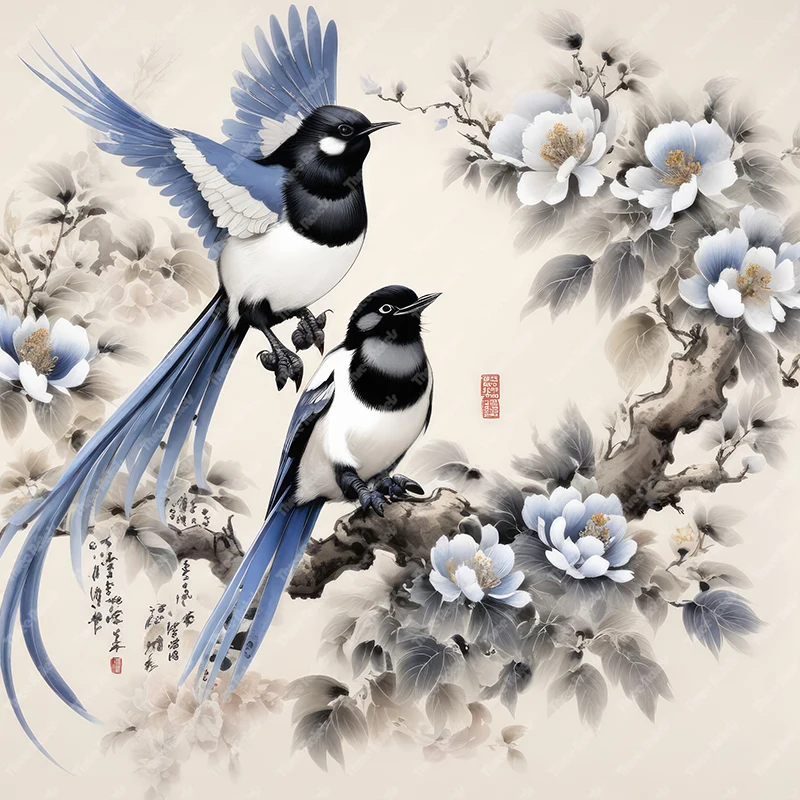 Three Ratels Classic Chinese Peony and Magpie art wall sticker for home Decoration