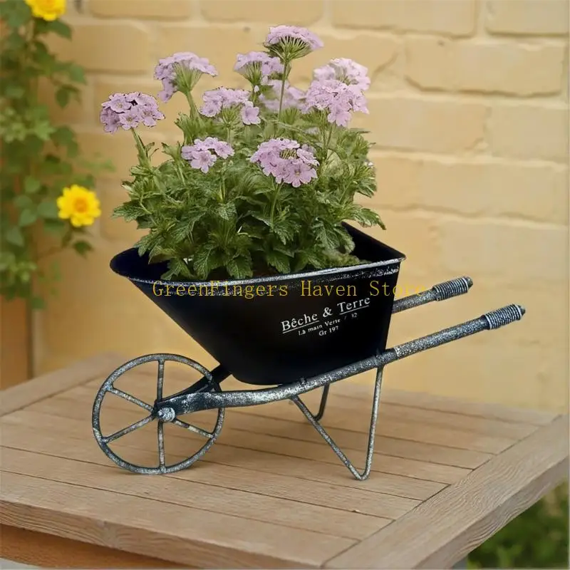 F68D Retro Single Wheel Cart Planter Rustproof Iron Flowerpot For Entrance Garden