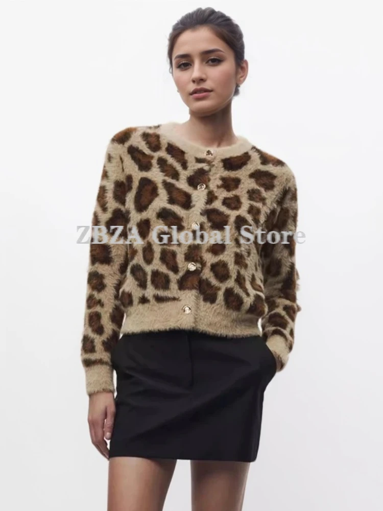 ZBZA Women Leopard Short Knitting Cardigan Coats Long Sleeve Single Breasted Crew Neck Warm Sweater Fall Winter New Female Coat