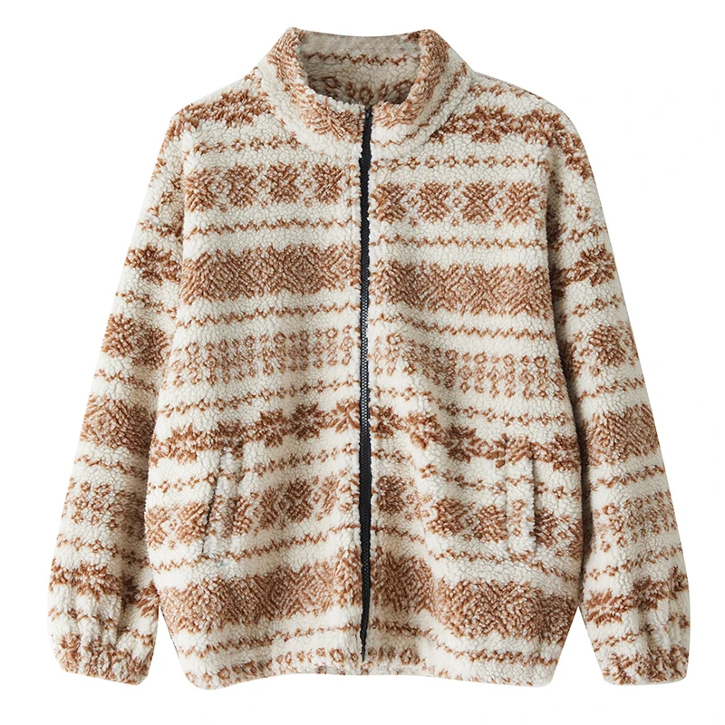 الخريف الشتاء Thiened معطف الصوف السيدات حجم كبير فضفاض طويل Sve سستة حتى مخطط المرأة ملابس خارجية Jaet