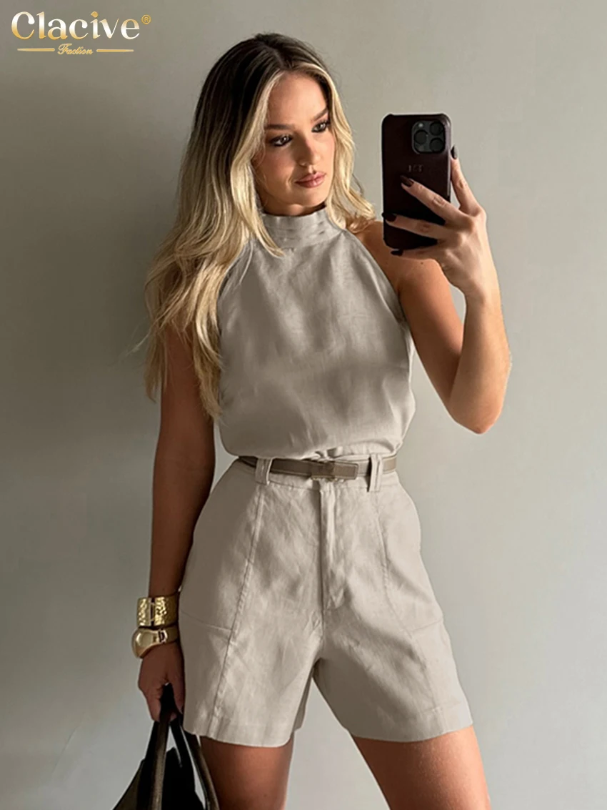 

Clacive Fashion Loose Khaki Cotton 2 Piece Sets Woman Outfit 2025 Summer Sleeveless Tank Top With High Waist Shorts Set Female