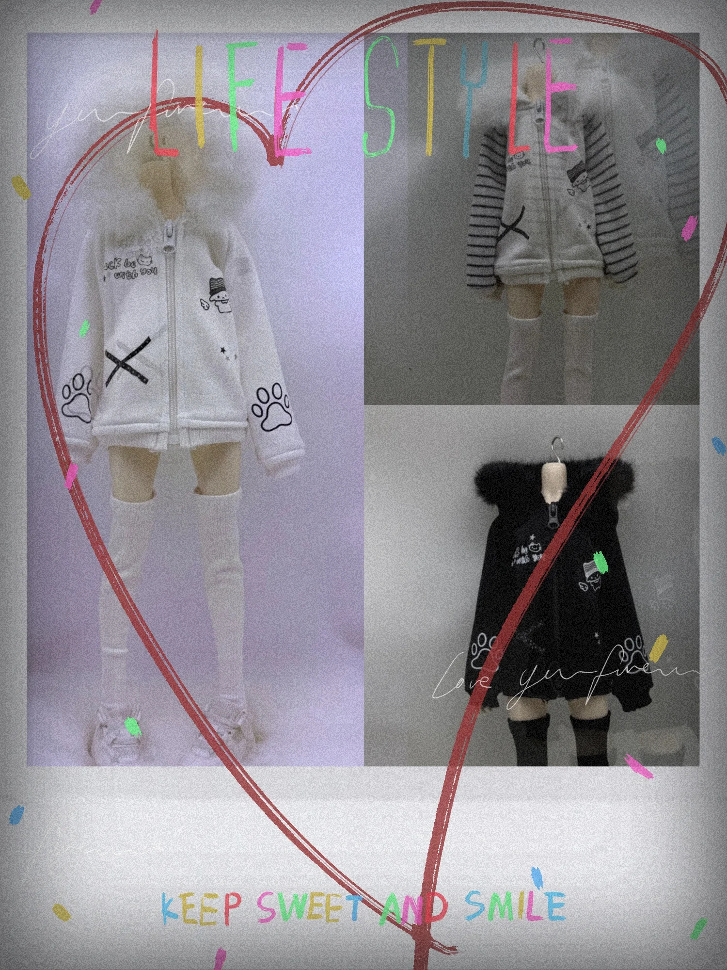 [Nur Kleidung im Angebot] 1/6 1/4 Jacke mit gestreiftem Aufdruck, Kapuze und Pelzkragen, vielseitiges Set mit Overknee-Socken, BJD-Kleidungszubehör