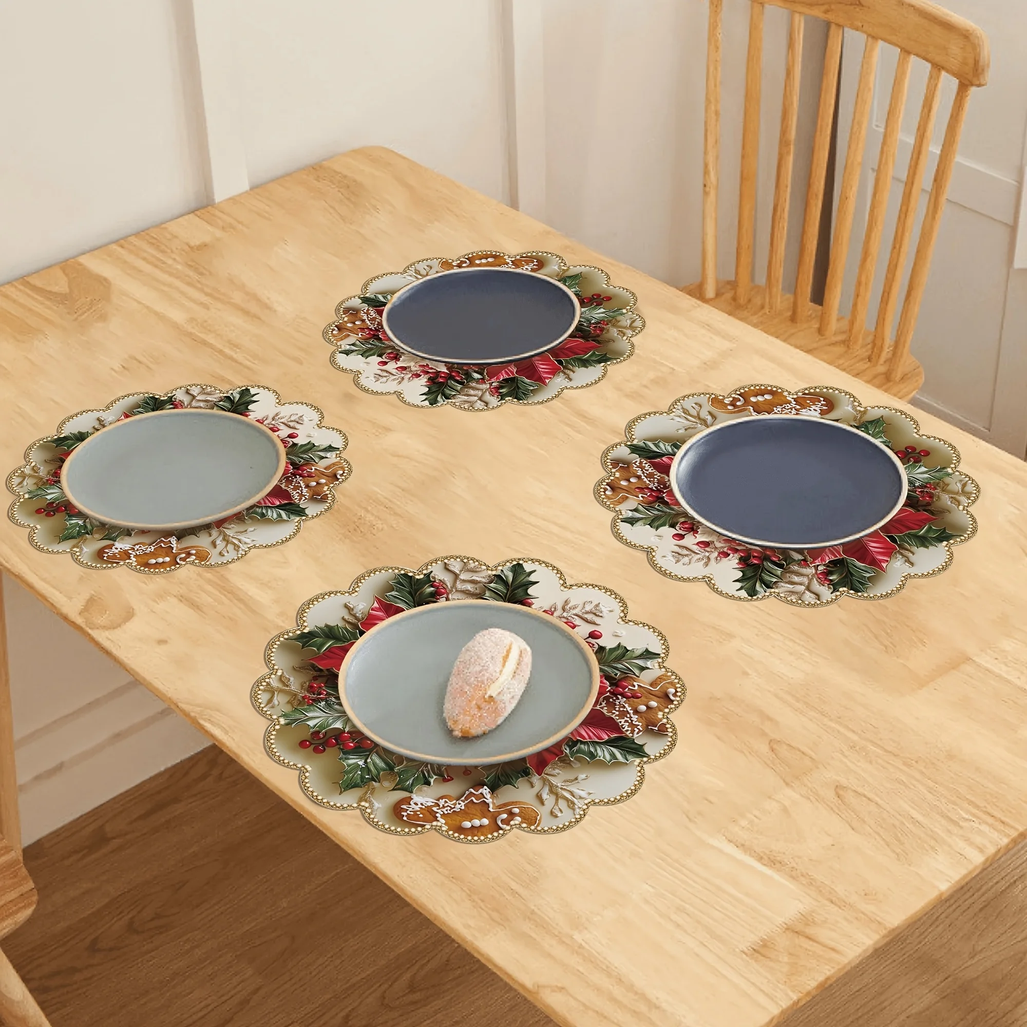 VIKAMA Poinsettia Gingerbread Scalloped Round Placemat Xmas Table Mat Waterproof Heat Resistent Plate Pad Holiday Dining Decor view 6