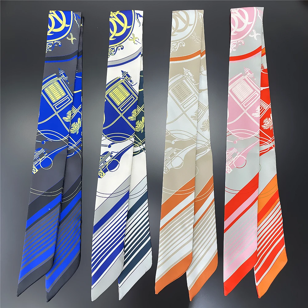 Fashion Hair Scarf 2024 New Brand Design Women Luxury Silk Scarf Fashion Carriage Headband Skinny Bag Scarves Neckerchief