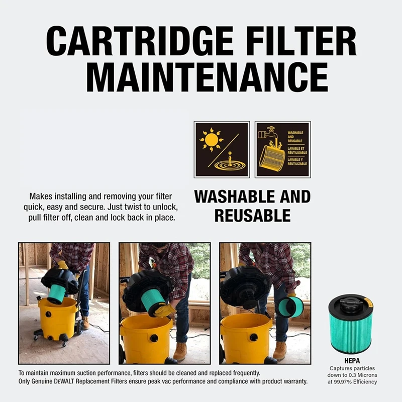 A23T DXVC6914 HEPA Cartridge Replacement Filter for 6-16 Gallon Wet Dry for Shop Vacuum, Washable Reusable Dust Collector