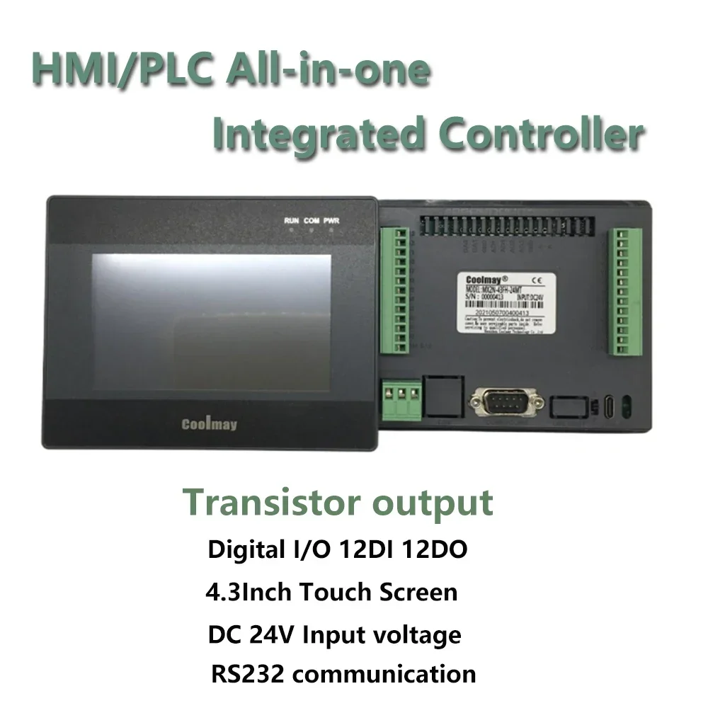 4.3'' HMI PLC Integrated Controller 4.3Inch Touch Panel DC24V Transistor Output Digital I/O 12DI 12DO Analog 0-10V 0-20mA