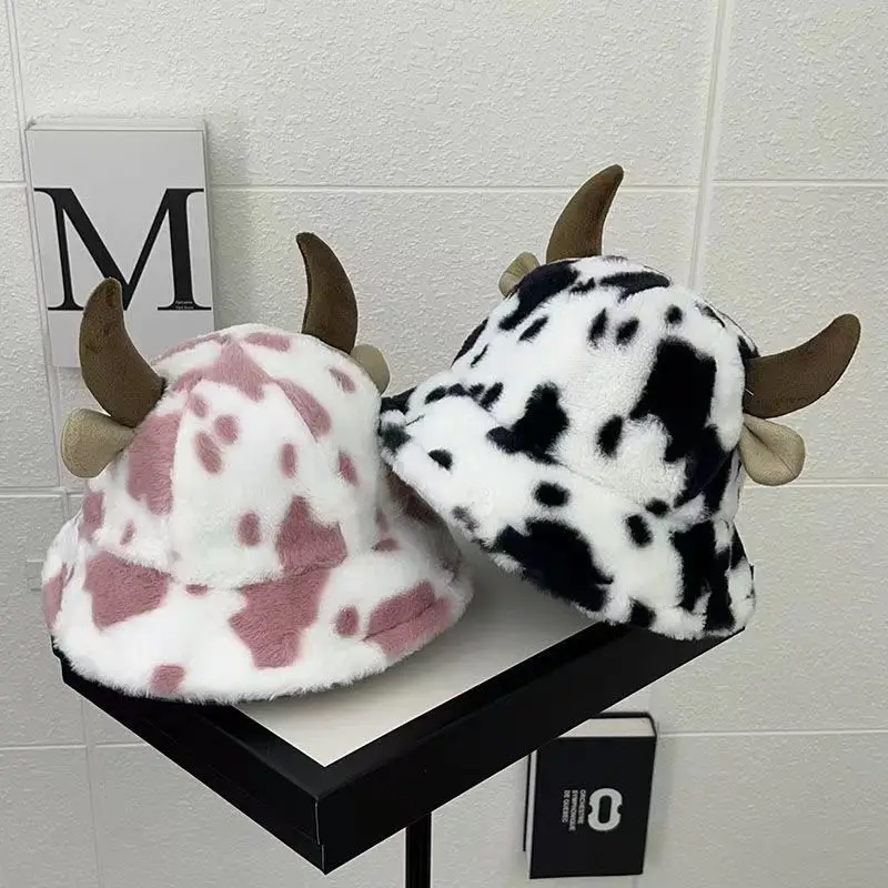 Autumn and winter new cow print horn fisherman hat female print Korean fashion plush thickened warm basin hat