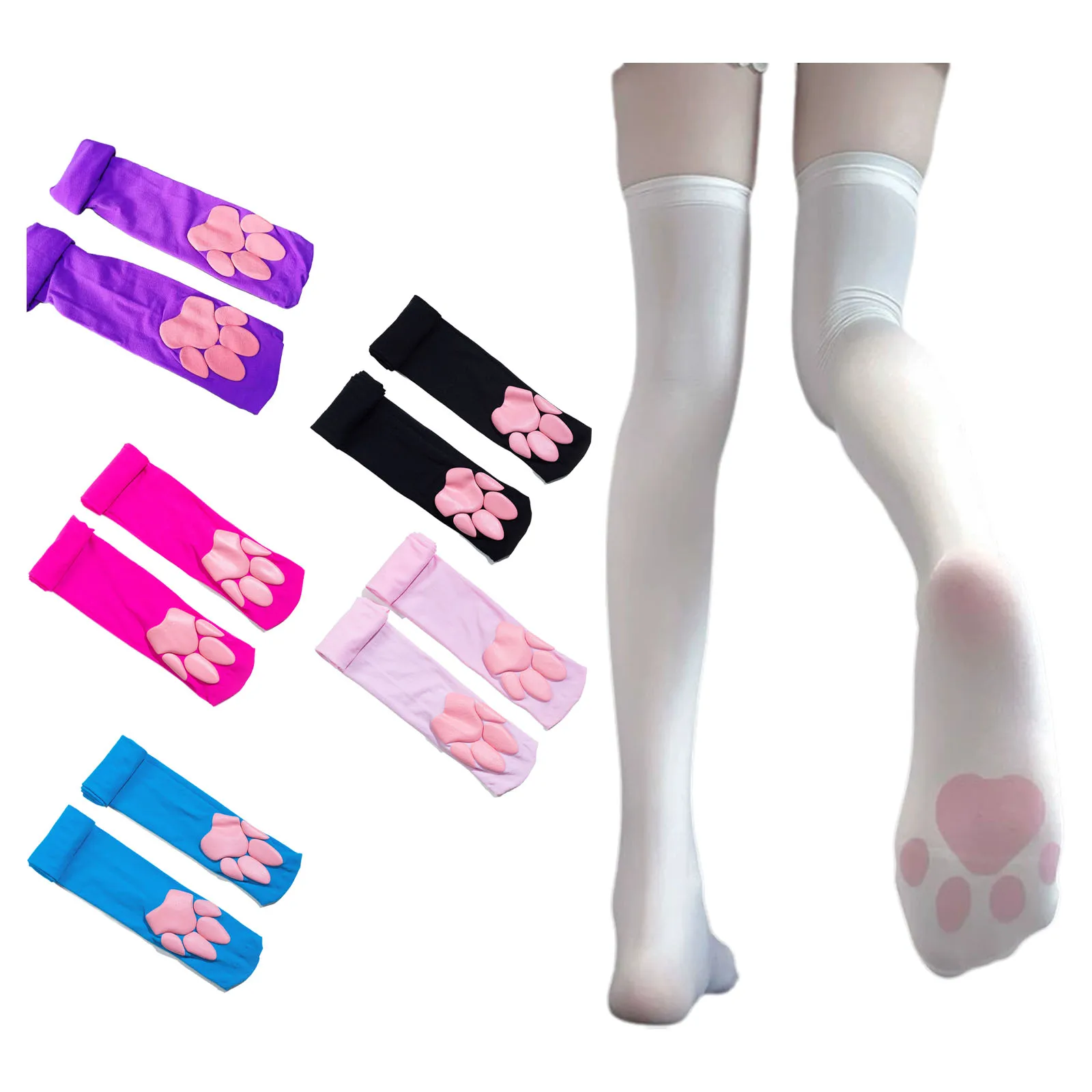 1 Pair Women Cute 3D Cat Paw Pad Stockings Stretchy Solid Color Thigh High Socks Cuties Kitten Claw Above Knee Hosiery Stockings