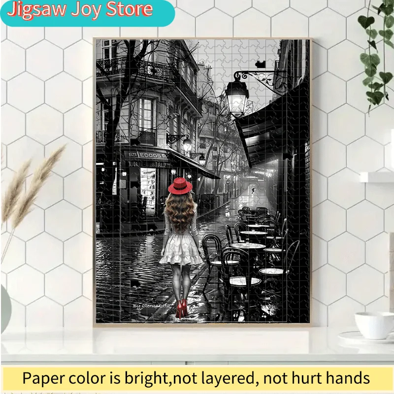 

Street, Buildings, Streetlights, Tables And Chairs, Women, Hats, Rainy Scene Puzzle 500pcs/1000pcs for - Interactive Family Ga
