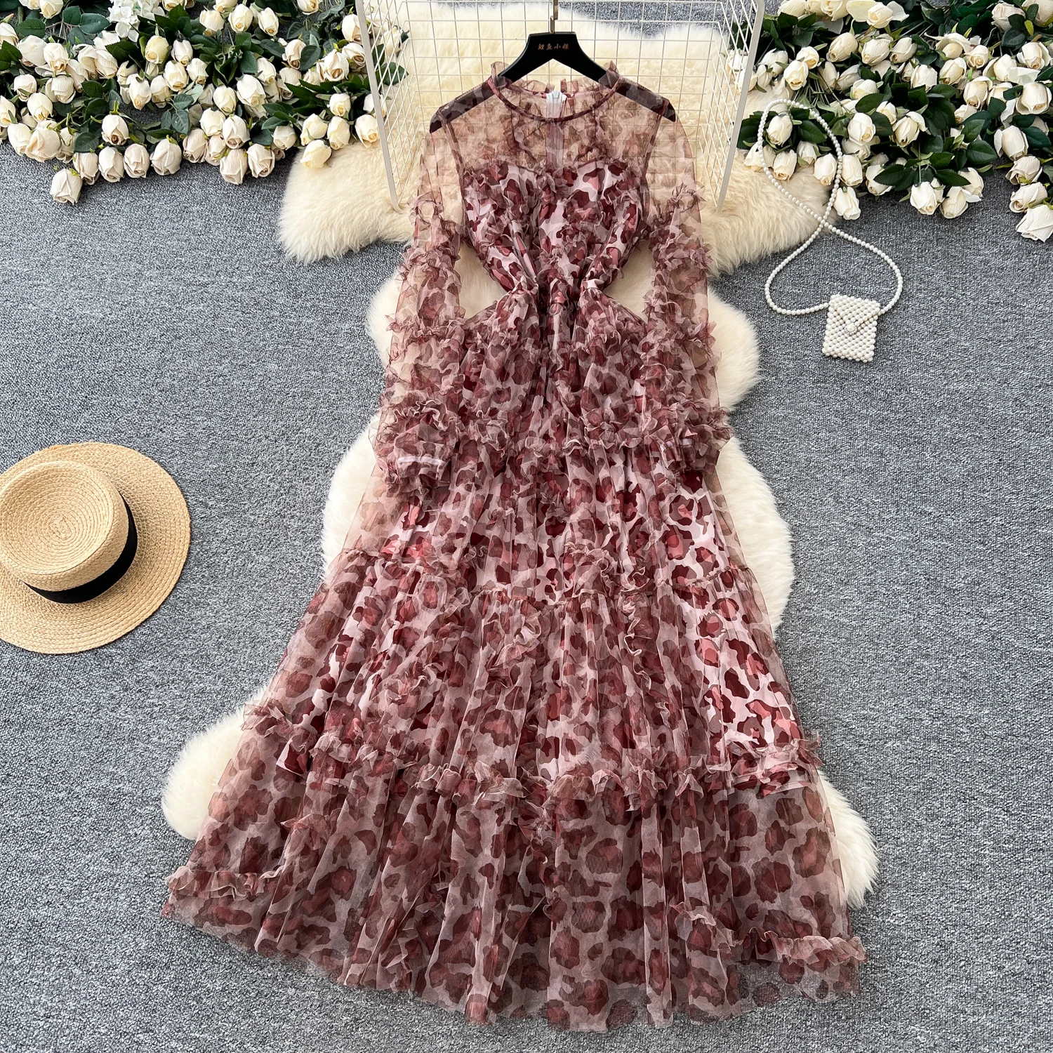 French chic Edible Tree Fungus mesh print Dress Women Waist korean fashion hotsweet Resort ceremony dresses