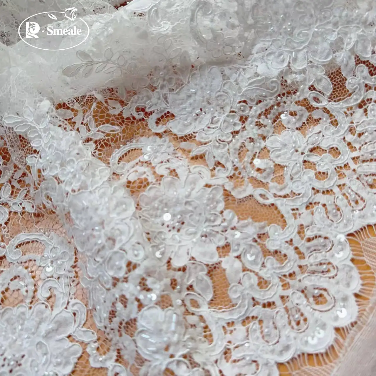 3Meters. White Beads Flash Sequins Lace Fabric.Luxury Evening Dress French Lace .Advanced Customization Bridal Wedding Fabric
