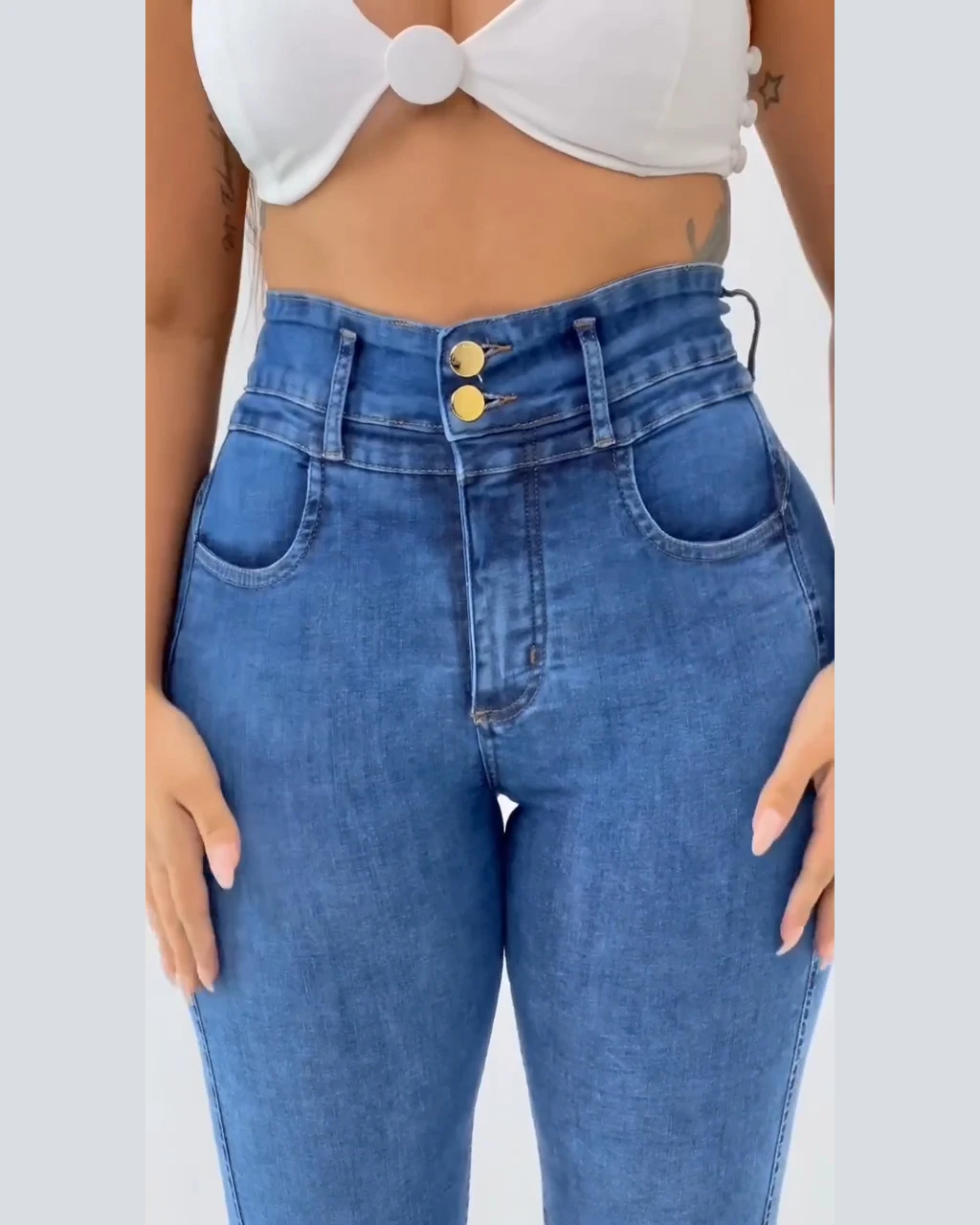 Spring Summer New Women's Clothing Fashion Blue high waisted double breasted jeans Slim Pencil Pant Streetwear Elastic Tight