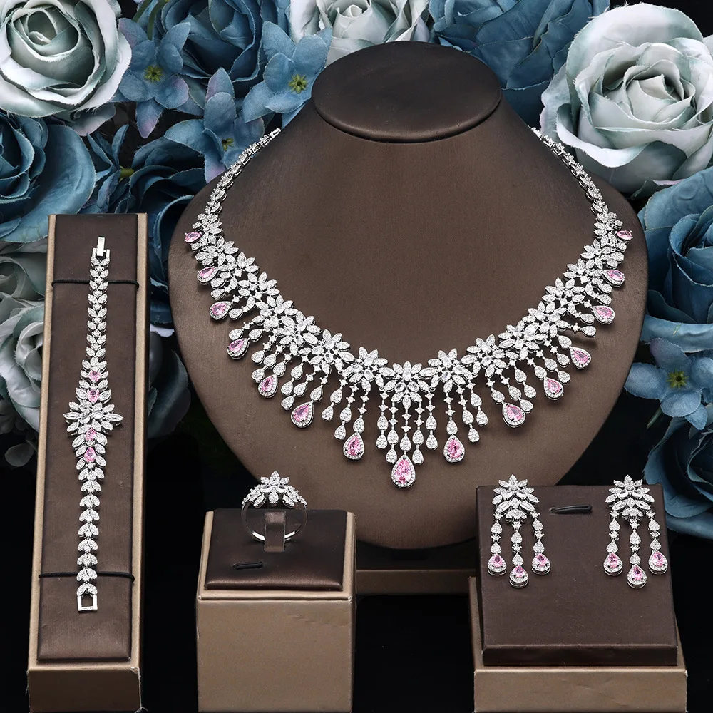 Luxury Green Cubic Zirconia 4Pcs Jewelry Set Women Teardrop Zircon Necklace Earrings Bracelet Ring Wedding Party Christmas Gift