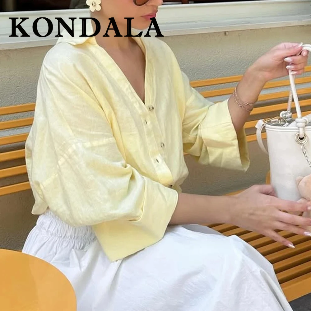 

KONDALA Chic Yellow Woman Summer Casual Loose Shirts Single Breasted Flare Sleeve Oversized Shirt Fashion 2025 Summer Y2K Blouse